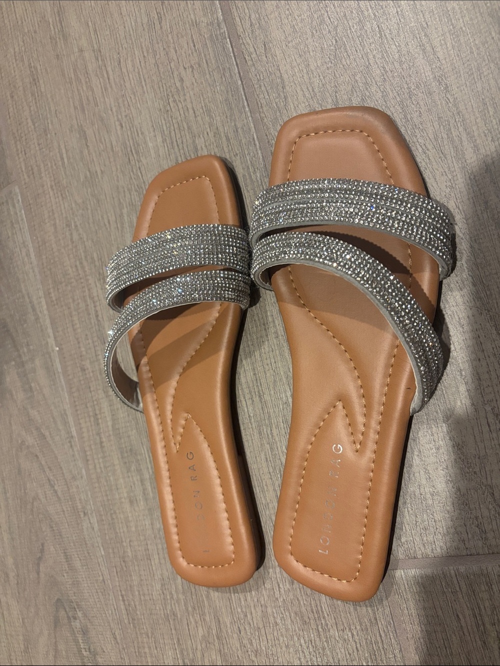 London Fog Tan Slide Sandals with Silver Rhinestone Straps